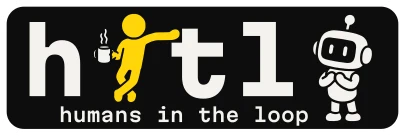 Sticker del logo hitl con la mascota apoyada en la t, con un café