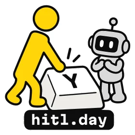 Sticker de la mascota pulsando la tecla Y mientras un robot espera
